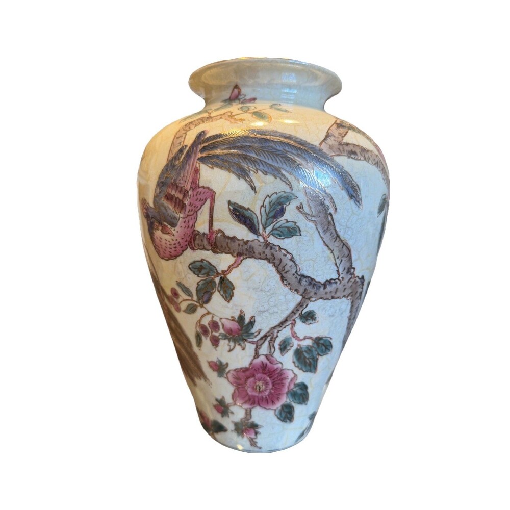 Vintage Country Fair Floral Bird Vase Ceramic Farmhouse Decor Large